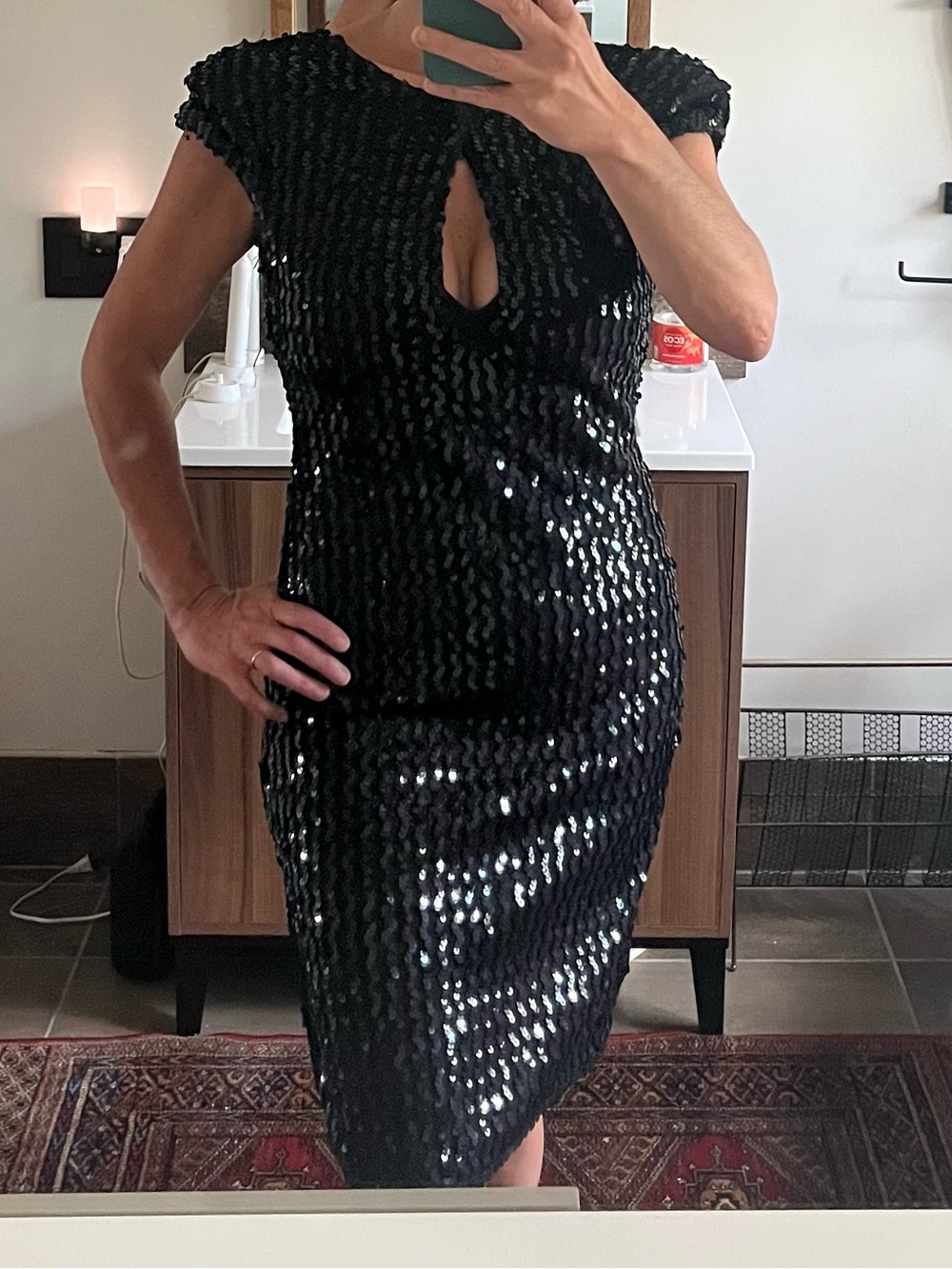 Vintage sequin bodycon midi keyhole dress with side slit and scooped back
